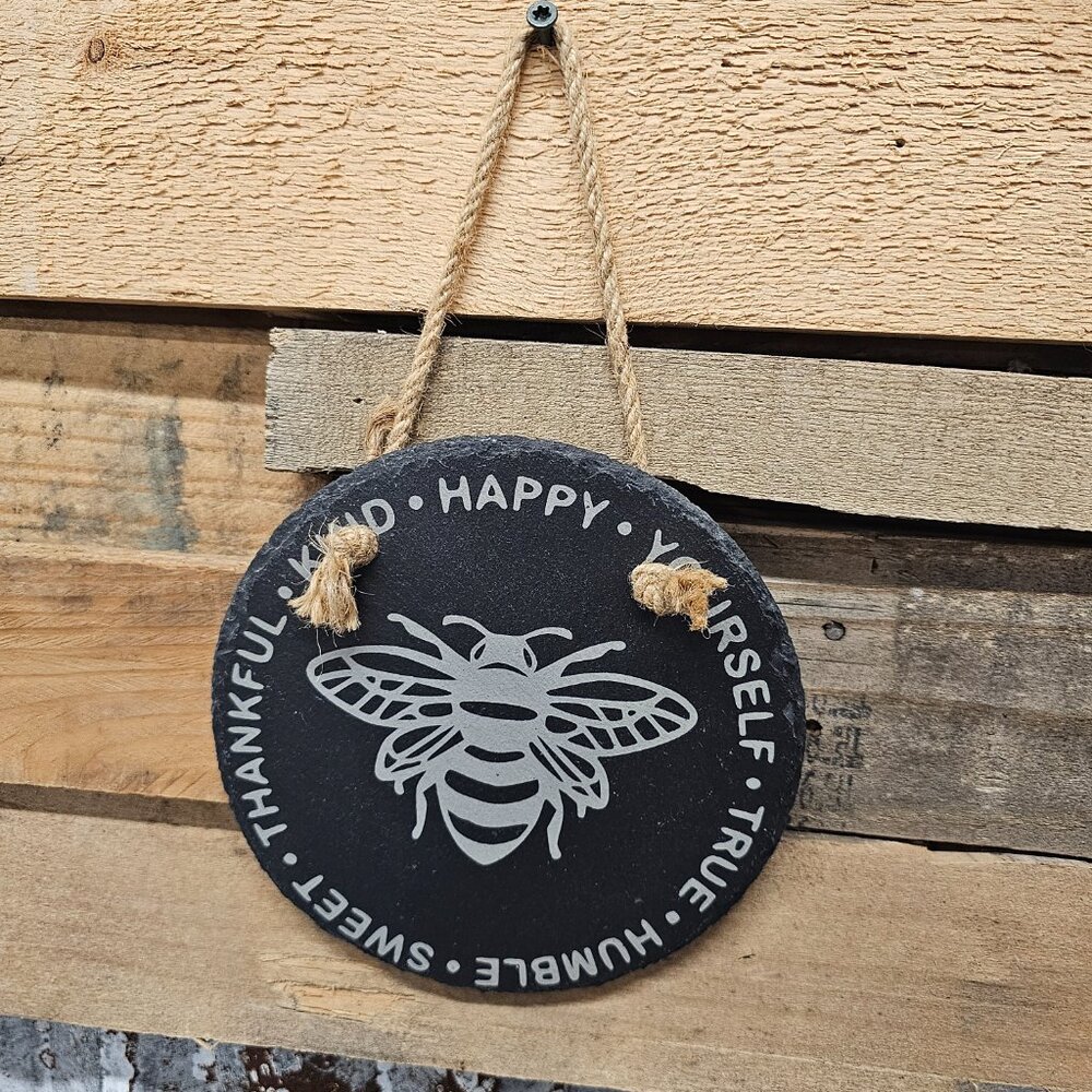 Round Slate Hanging Plaque – Inspirational Bee Design